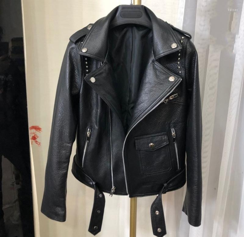 

Women' Leather 2023 Punk Rivets Motorcycle Biker Jacket Women Spring Autumn Genuine Sheepskin Coat Zipper Lapel Street Casual Oute, Black