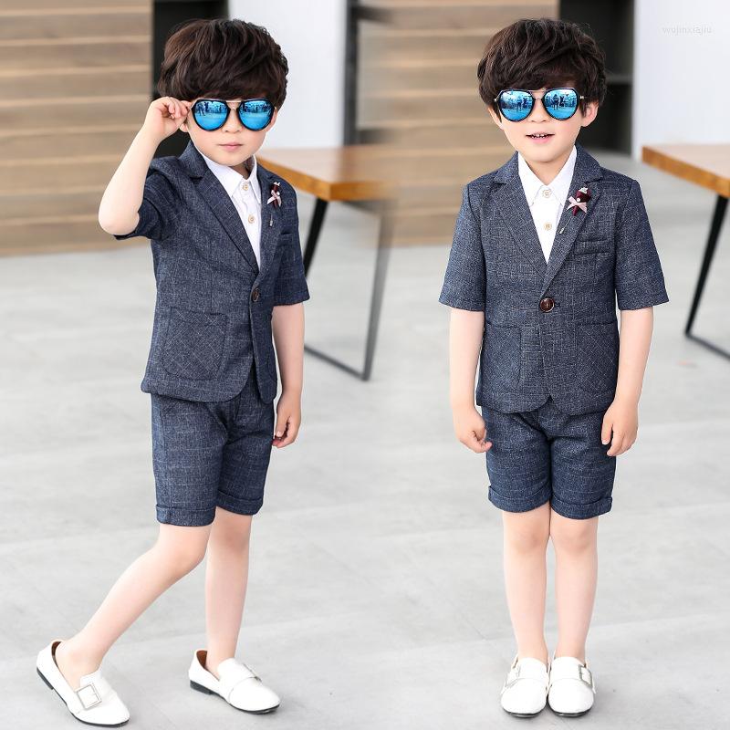 

Clothing Sets Summer Children Formal Suit Short Sleeved Blazer Shirt Shorts Kids Boys 3Pcs Outfits Wedding Party Performance Costume, Blue
