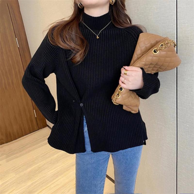 

Women's Sweaters Turtleneck Long Sleeves Irregular Split Buttons Ribbed Women Sweater Winter Solid Color Loose Warm Jumper, Green