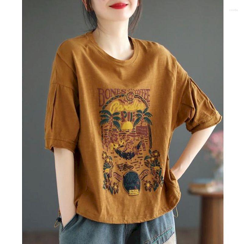 

Women's T Shirts 98% Cotton Shirt Women Printed Vintage Short Sleeved T-shirt Casual Loose Artistic Lantern Sleeve Oversized Tshirt Summer, Khaki