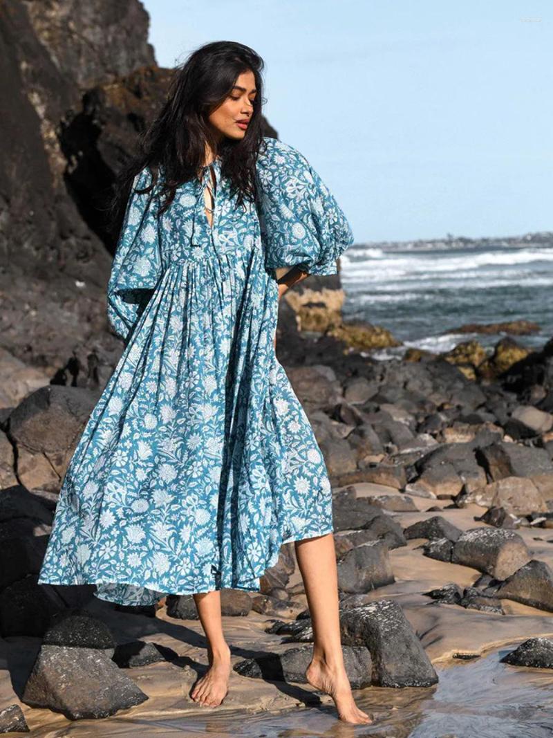 

Casual Dresses Women Summer Fashion O-neck Lace Up Plant Flowers Fold Elegant Temperament Loose Comfortable Dress Robe Dresss, Sky blue