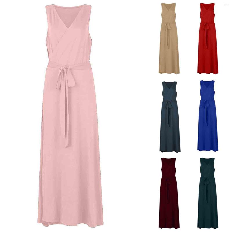 

Casual Dresses Summer Party Women 2023 V-neck Solid Color Belt Cardigan Sleeveless White Edge Holiday Dinner Bridesmaid Dress, Dark blue