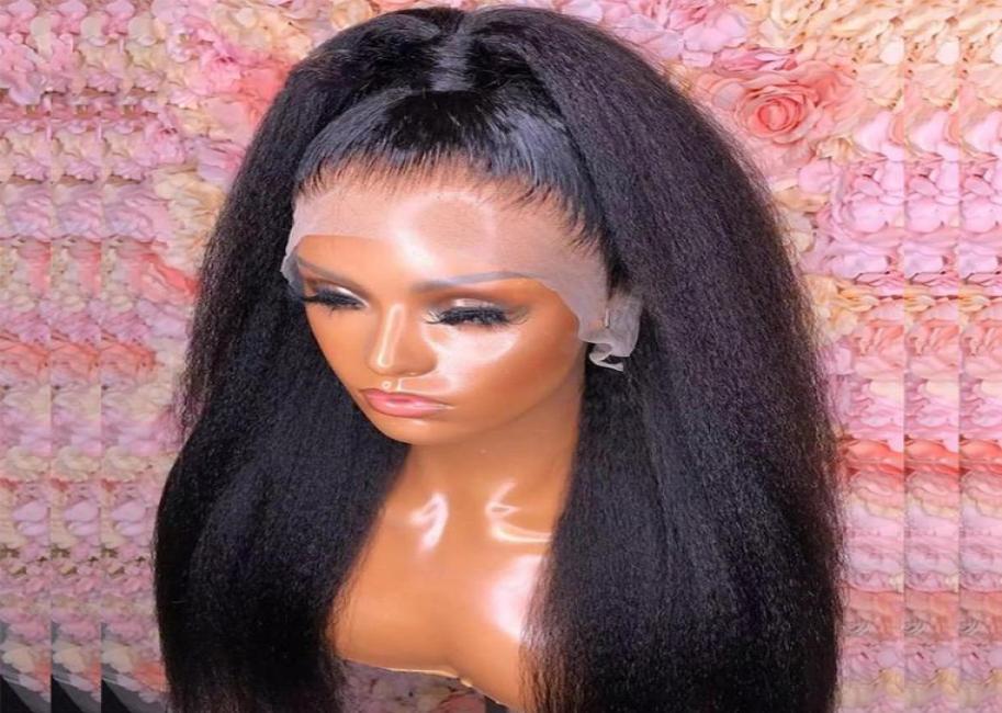 

180 Density Colored Black Glueless Yaki Kinky Straight Lace Front Wig For Women Bundles With Closure Heat Resistant Fiber Soft Dai4253017, Natural color