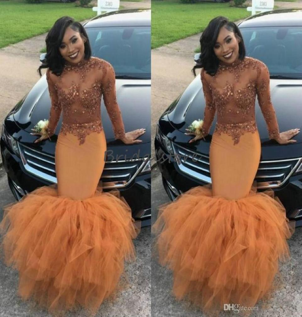 

Dust Orange Mermaid Prom Dresses Black Girls Slay High Neck Long Sleeves See Though Top Beaded Tight Formal Evening Gowns Plus Siz8918857, Red