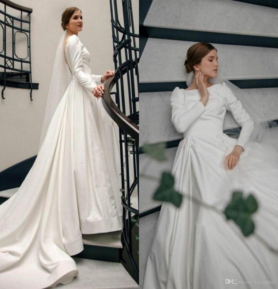 

Elegant Dubai Said Mhamad Plus Size A Line Wedding Gowns Batrau Neck Pleats Long Sleeves Court Train Draped Ruched Bridal Dresses 4741140, Brown