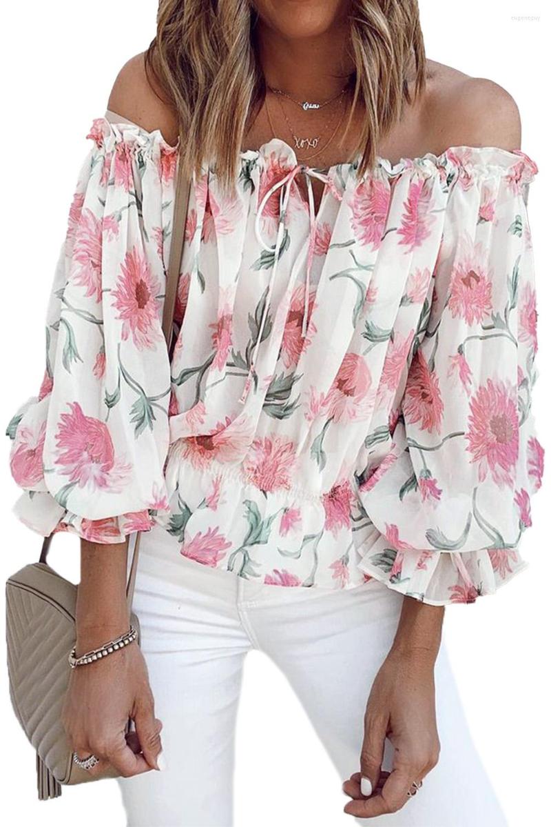 

Women' Blouses White Floral Print Off The Shoulder Blouse Women Sexy Casual Flowers Bloom Sweetly Romantic Ruffles Tops