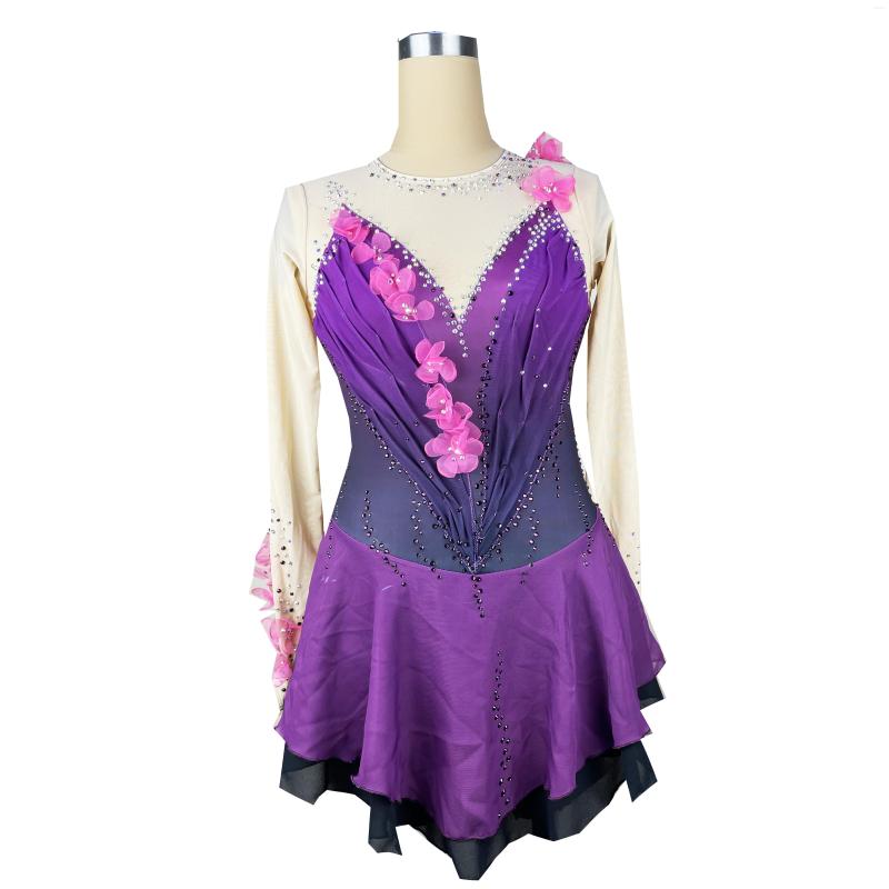 

Stage Wear Violet Figure Skating Dress Long-Sleeved Ice Skirt Spandex, Picture shown