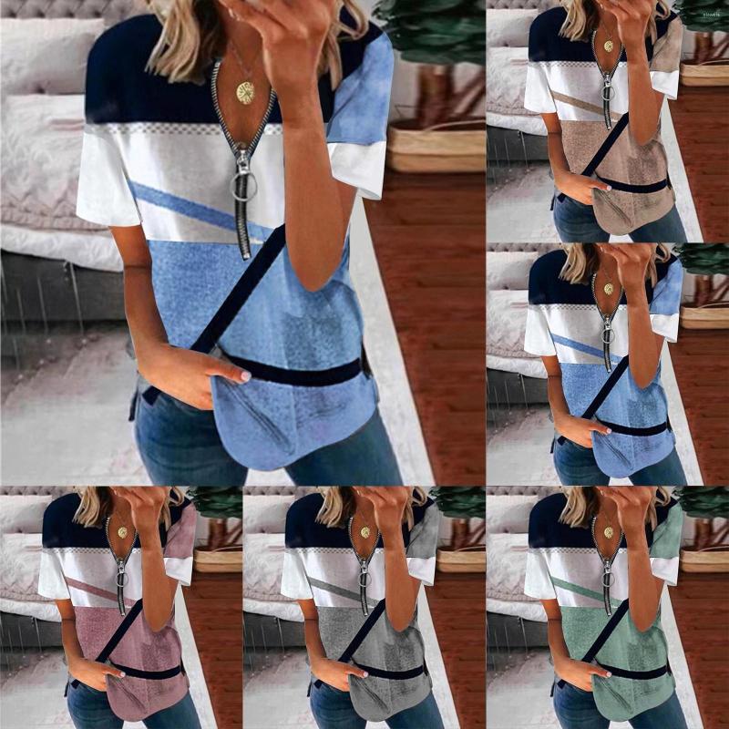

Women's T Shirts Women Casual Geometry Print Zipper Shirt Blouse Short Sleeve Loose Pullover Top, Blue
