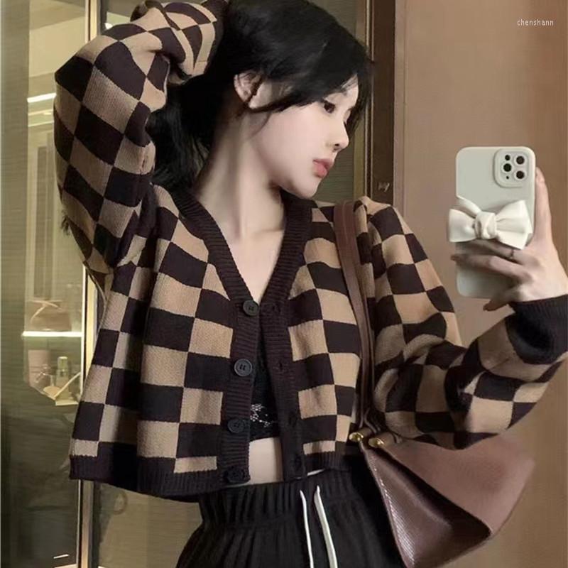 

Women's Knits Autumn Winter Women Classic Checkerboard Knit Cropped Cardigan Sweater Femme Korean Fashion Vintage Pull Knitwears Tops, Gray
