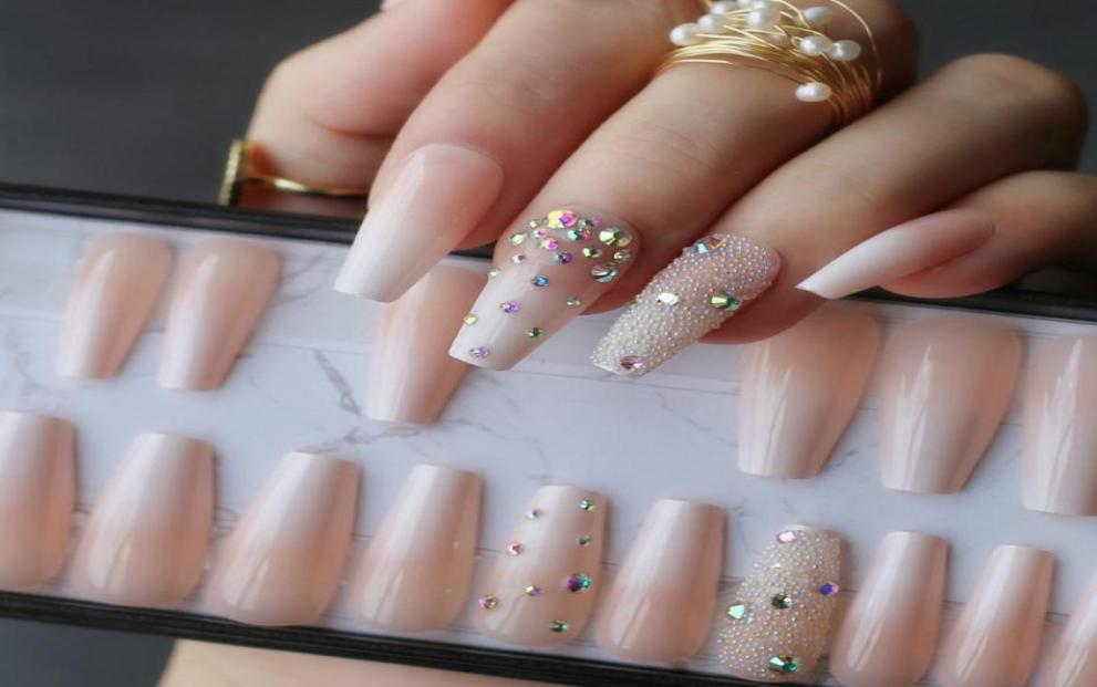 

Handmade Ombre Gel nude coffin reusable Press on nails box pink Acrylic nails UV bling 3d crystal Ballet fasle2812703, Green