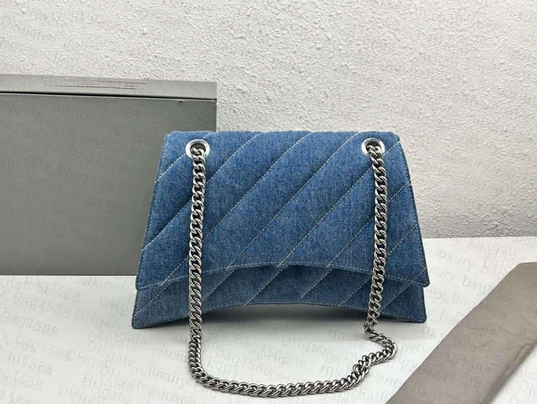 

10A denim bag twill hourglass bag women large capacity flip bag metal buckle opening interior leather designer bag shoulder bag luxury chain bag, Blue