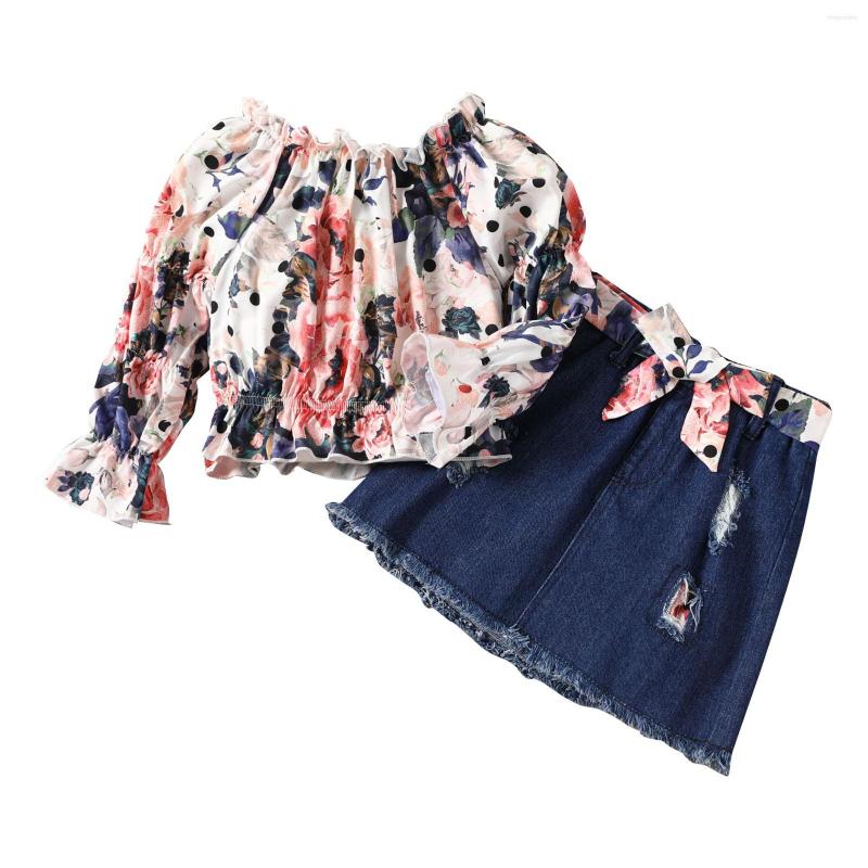 

Tench Coats Summer Floral Print Trumpet Sleeve Top Lace Up Denim Skirt Fashion Girl Suit 5 Piece Set, Blue