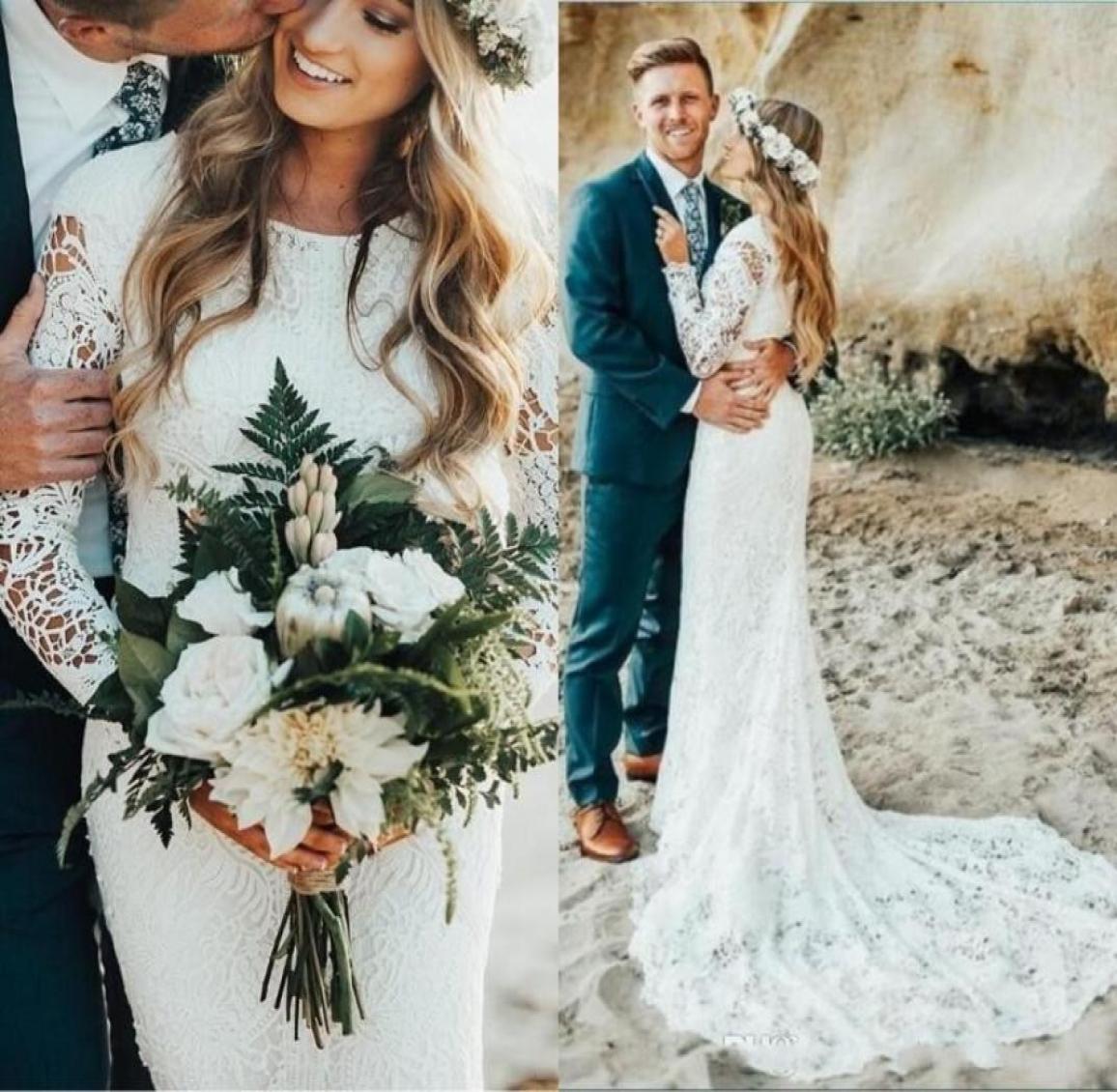 

2020 Beach Full Lace Wedding Dresses Long Sleeves Boho Plus Size Sweep Train Bohemian Wedding Dress Country Bridal Gowns vestidos 3610439, Ivory