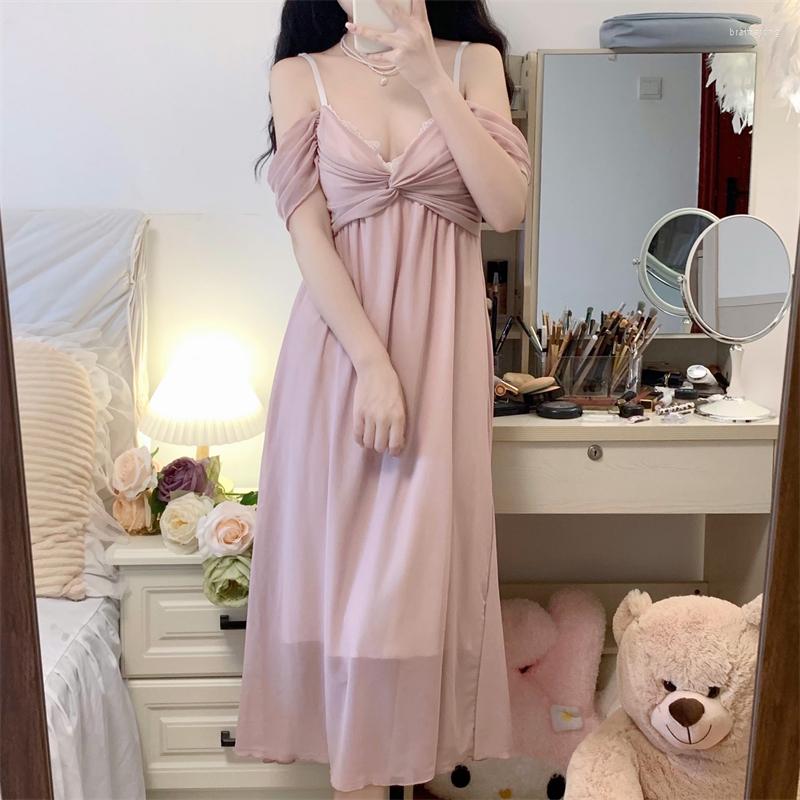 

Women' Sleepwear Soft Home Summer Simple V-Neck Sweet Princess Sexy Mesh NightDress Korean Solid Long Maxi Dress Court Style With Chest Pad, Pink long sleeves