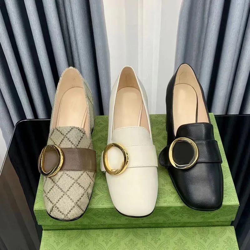 

Women Square Dress Shoes letter spring autumn Belt buckle high heels Coarser heel leather Metal buckle lady designer heeled boat shoe Large size 35-42 with box, Brown