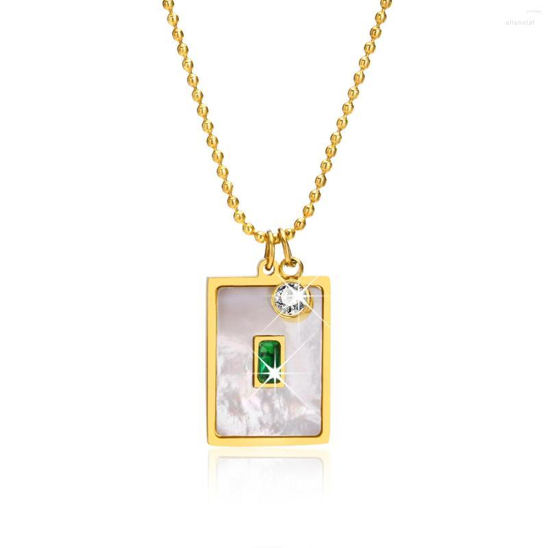 

Chains Rectangle Square Shell Necklace Green Cubic Zirconia Inlay Pendant Adjustable Stainless Steel Neck Jewelry Waterproof