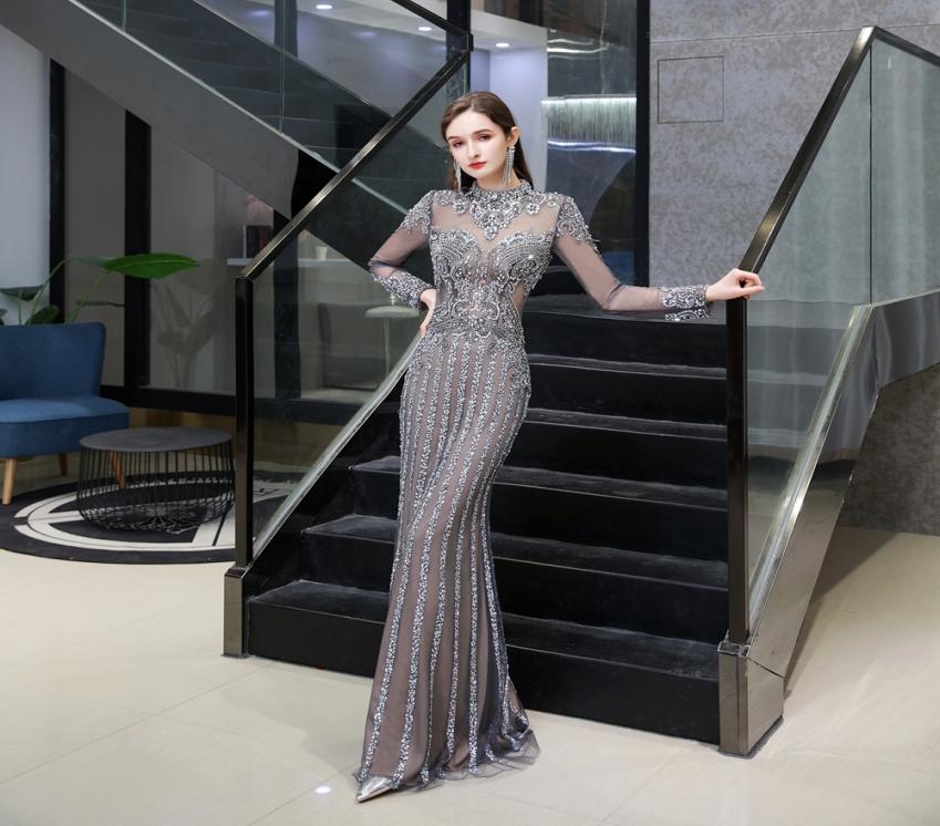 

Sexy Champagne Gray Mermaid Evening Dresses 2020 New Party Dress Long Sleeves Beading Crystal Formal Party Long Prom Gowns vestido2056663, Silver