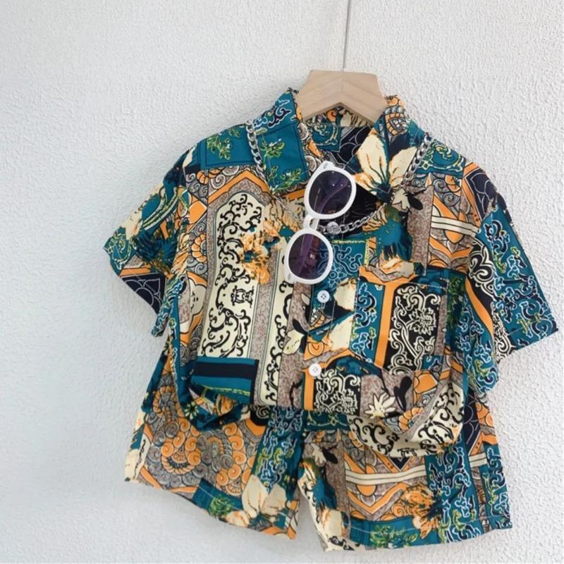 

Clothing Sets Children's Summer Set Bohemian 2023 Boys' Short Sleeve Shirt Shorts Two Piece Vacation Style Beach Flower Fashion, Green beach suit