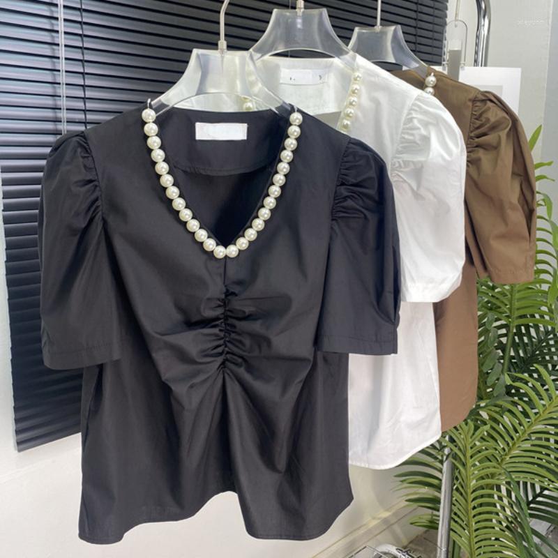 

Women' Blouses TEROKINIZO Korean Chic Fashion Folds Blouse Women V-neck Beading Patchwork Puff Sleeve Shirts Female Loose Simple Blusas, Coffee