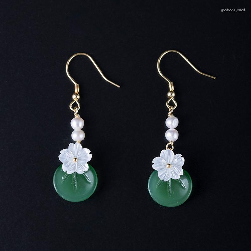 

Dangle Earrings S925 Sterling Silver Handmade Pearl Shell Cherry Blossom Drop Female Sweet Temperament Classical Glass Disc Long
