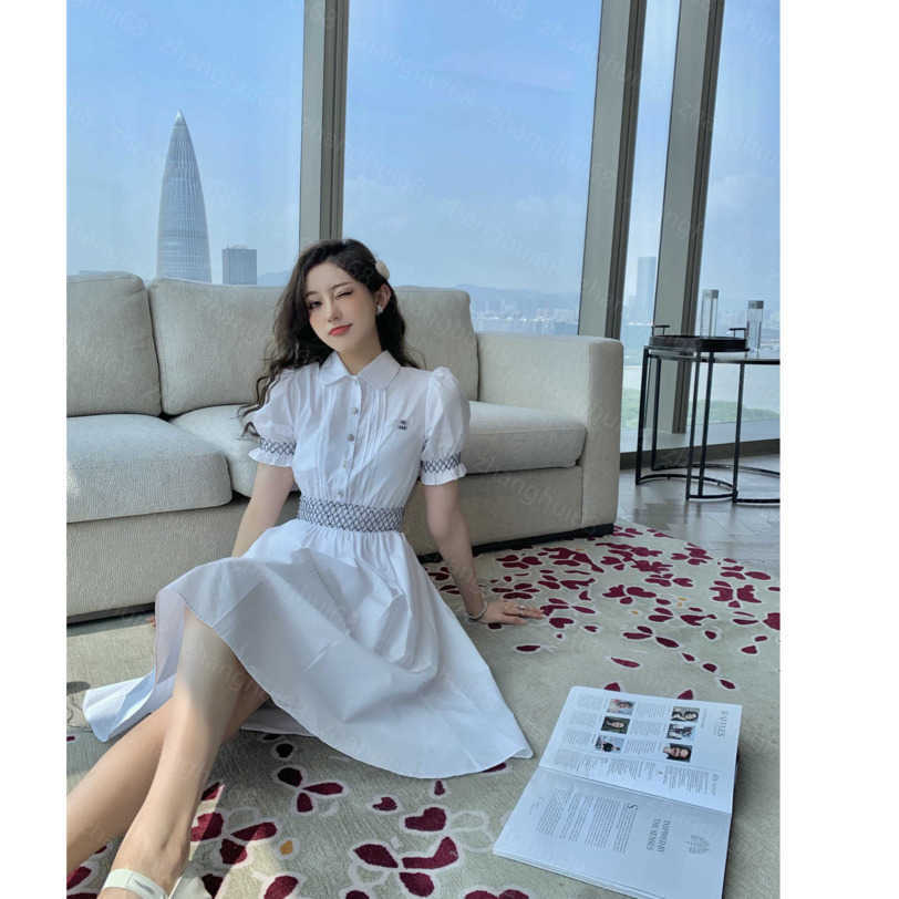 

23ss women dress womens designer clothing summer dresses Letter logo embroidery elastic waist rhinestone button lapel bubble short sleeve dress womens clothing a1