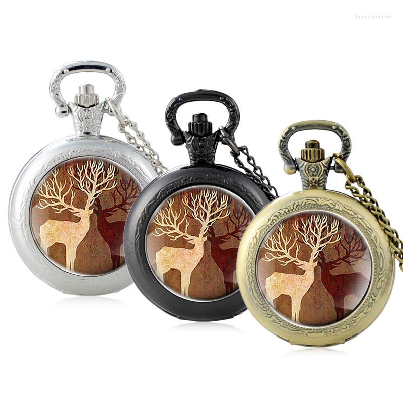 

Pocket Watches Antique Elaphurus Davidianus EIK Design Glass Cabochon Quartz Watch Vintage Men Women Pendant Necklace Chain Clock, Black