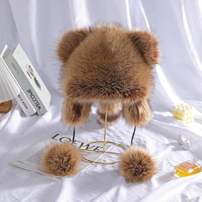 

Berets Raccoon Fur Hat Women Winter Caps Multicolor Soft High Quality Fashion Warm Russian Mongolian With Tails, Adult