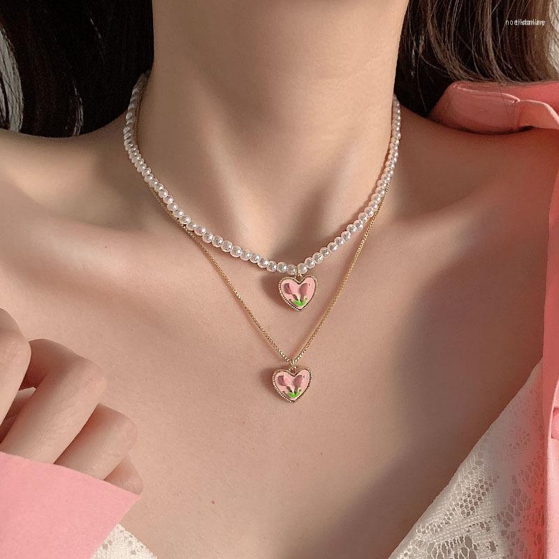 

Chains Vintage Pearl Necklace Flower Tulip Cute Pink Color Heart Pendant Elegant Classic Jewelry Accessories Women