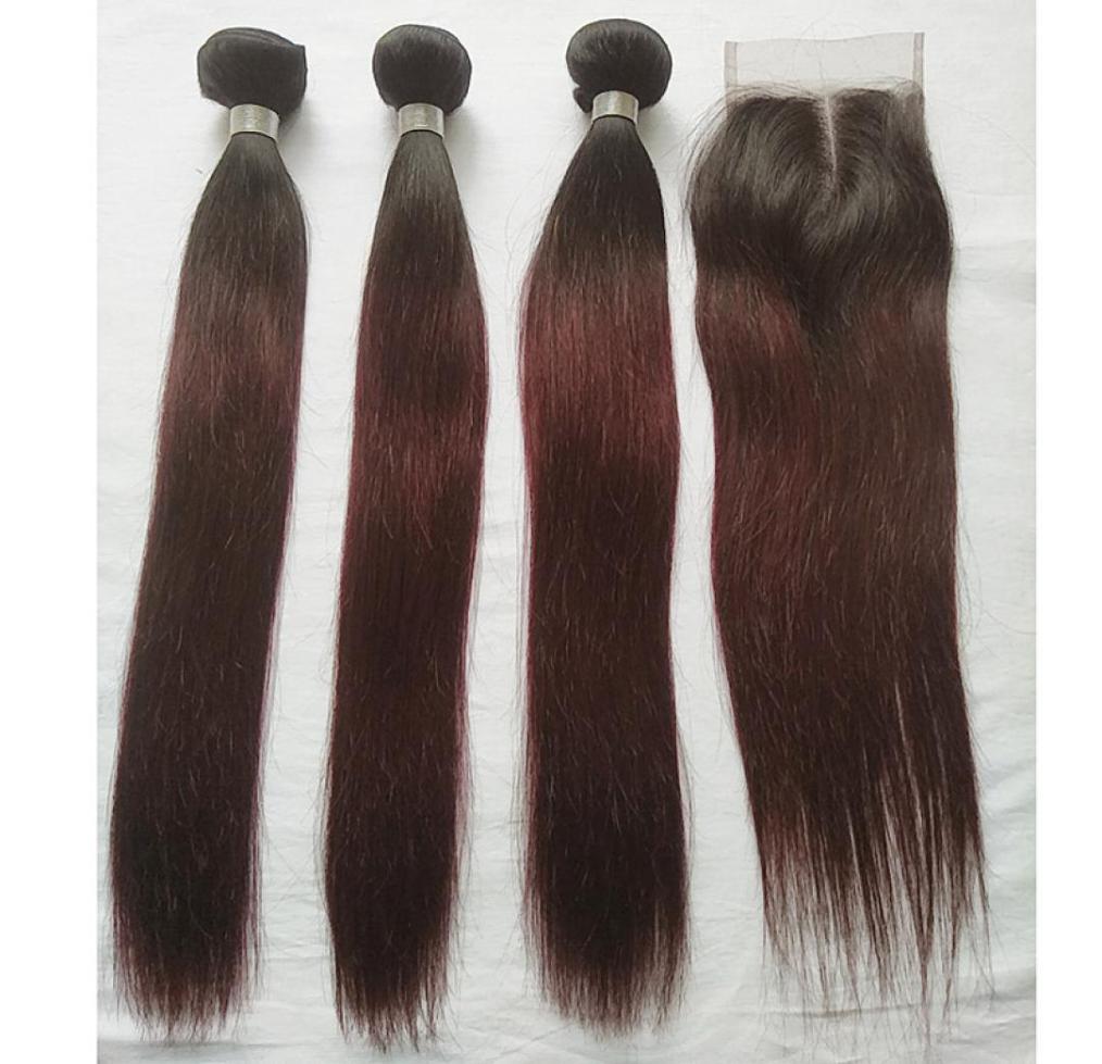 

T 1B 99J Ombre Colored Hair Bundles with Closure Dark Wine Straight Human Hair 3 Bundles with 4x4 Middle Part Lace Closure Extensi4992975, Ombre color