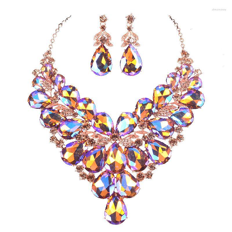 

Necklace Earrings Set Gorgeous Peach AB Color Crystal Bridal Wedding Earring For Brides Women Jewellery, Picture shown