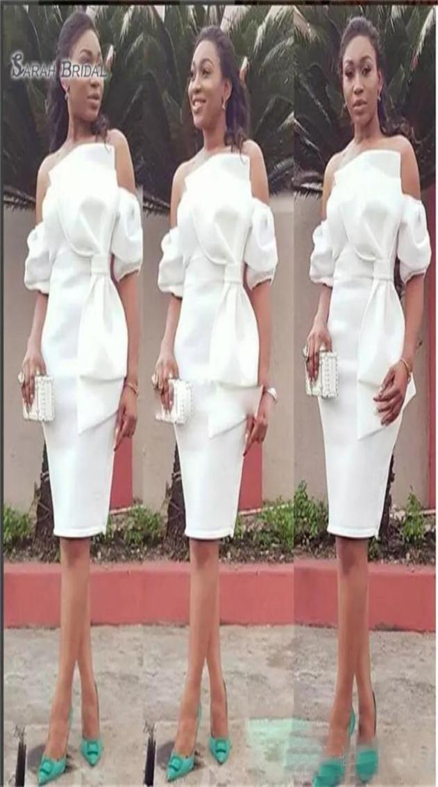 

African Off Shoulder Sheath Mother of the Bride Dresses Satin Cocktail Party Dress Knee Length Short Formal Gowns6948827, Ivory