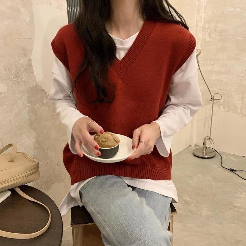 

Women's Sweaters Sweater Vest Womens Spring Fashion Vintage Ulzzang Loose Solid Students All-match Knitted Casual Simple Tender Daily V-Neck, Beige