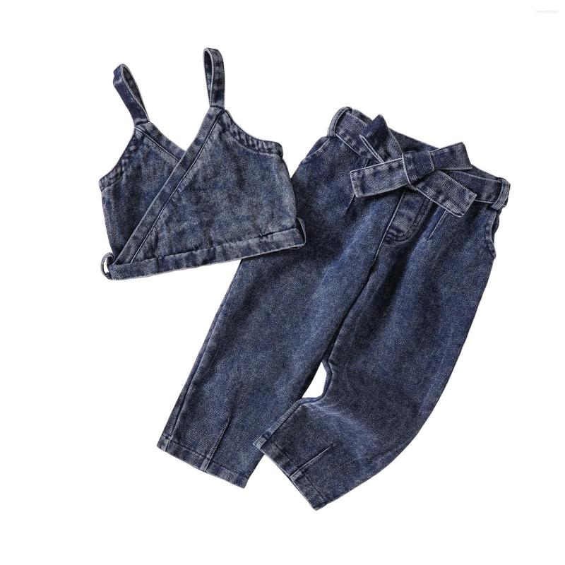 

Clothing Sets Summer Girl's Denim Suit Sleeveless Suspender Top Trousers For Girls 1 To 6 Years, Blue
