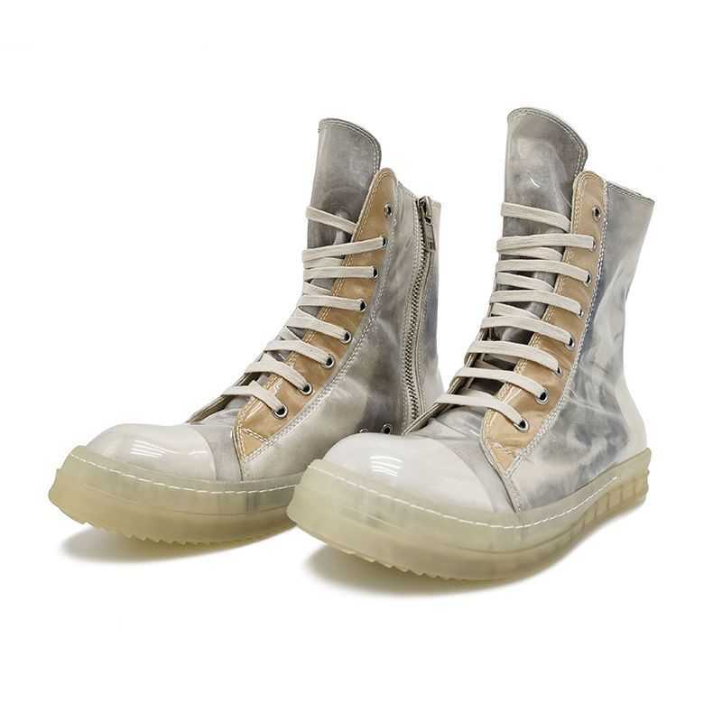 

rick Ro new high top rick tie dyed leather crystal transparent sole shoes hip-hop owens lace up short boots for men and women, Light gray
