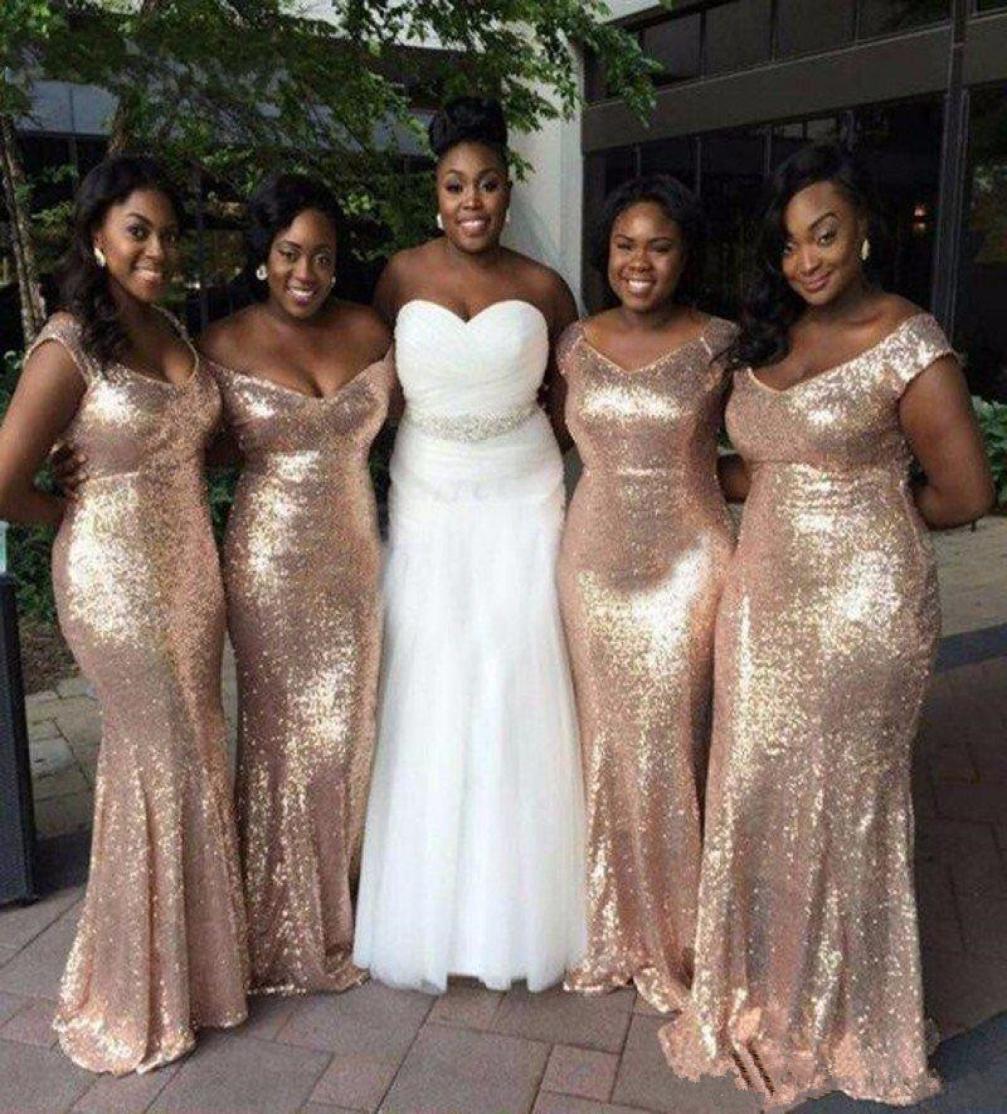 

2020 cheap Sparkly Gold Sequins Cheap Mermaid Bridesmaid Dresses Off Shoulder Backless African Plus size Beach Wedding Gowns8654500