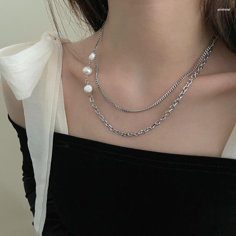 

Chains Pearl Mosaic Necklace Female Ins Cold Wind Titanium Steel Advanced Sense Double Layered Clavicle Temperament Joker
