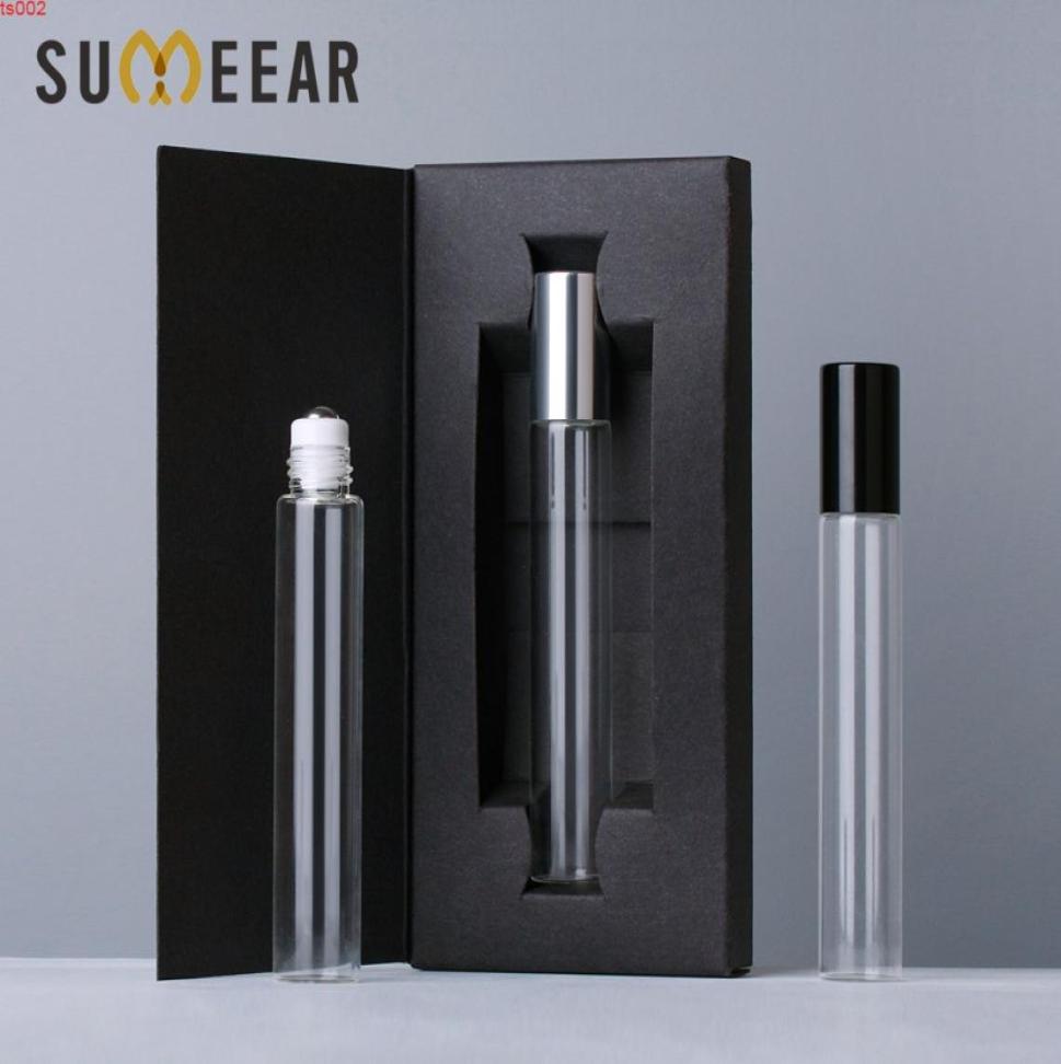 

50 PCSLot 10ml Essential Oil Bottle With perfume box Roller Ball sample bottle Glass Roll On Durable Cosmetic Containershigh qty5033812
