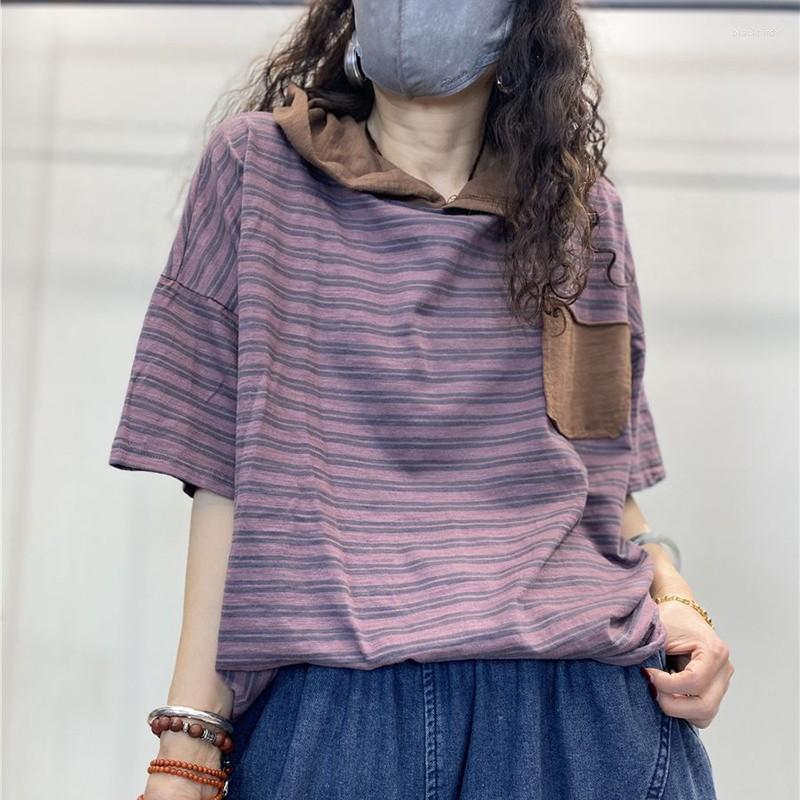 

Women's T Shirts Summer Arts Style Women Short Sleeve Hooded Loose T-shirt All-matched Casual Cotton Striped Tee Shirt Femme Tops C877, Green