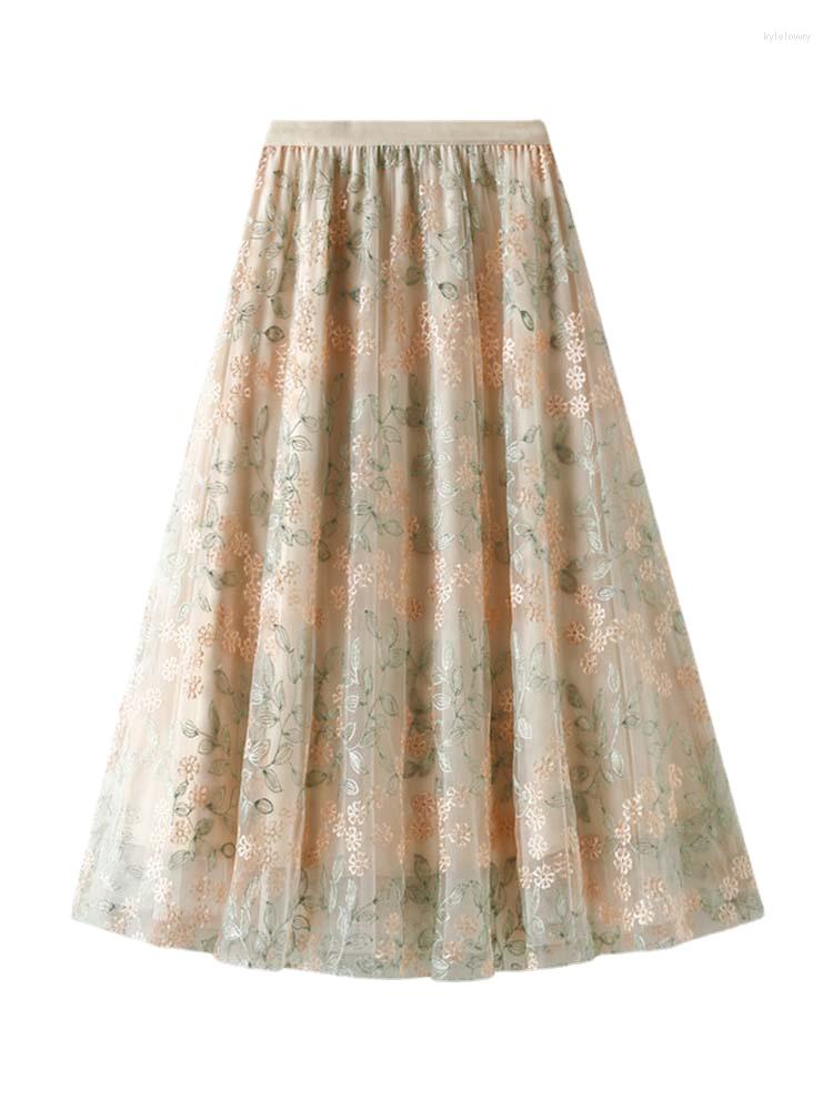 

Skirts 2023 Casual Embroidery Tulle Women Summer Floral Elastic High Waist Pleated Midi Skirt Korean Elegant A-line Mujer Falda, Beige