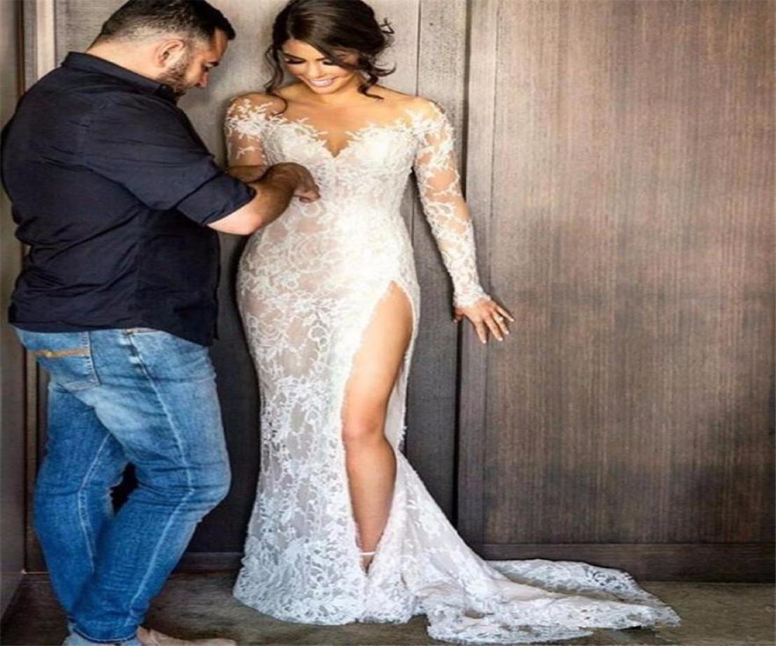 

Sexy Illusion Appliques Lace Mermaid Wedding Dresses Long Sleeve Scoop Detachable Train Bride Dress Custom Vestido De Noive7732238, White