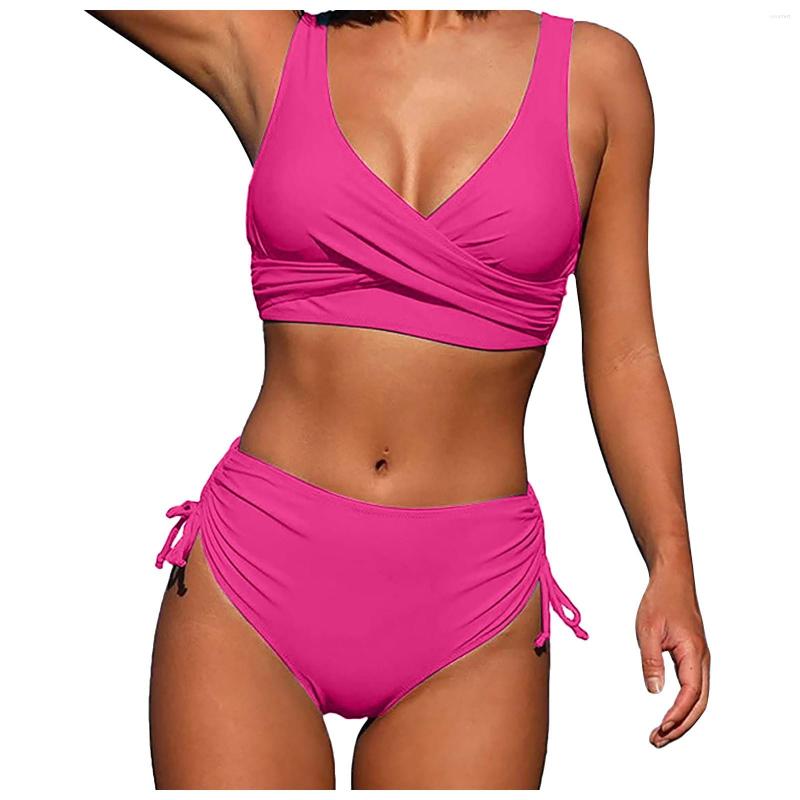 

Women' Swimwear 2023 High Waisted Women Two-Piece Suit Cross Front Drawstring Sexy Ruched Bikini Knotted Beach Bathing Ladies, Red
