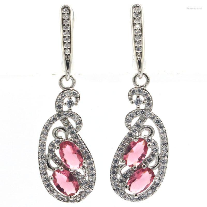 

Dangle Earrings 39x11mm Statement Moon Shape Pink Tourmaline London Blue Topaz CZ Ladies Silver Eye Catching