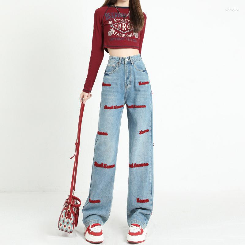 

Women's Pants Women Clothing Jeans American Style Highwaist Streetwear Embroidered 2023 Spring Summer Loose Wide Leg Casual, Blue