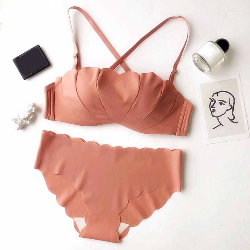 

Bras Sets Seamless Push Up Bra Set Half Cup Gather Wire Free Smooth Padded Bralette Panty Lingerie, Pink