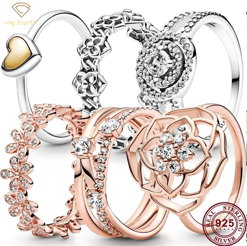 

925 Silver Women Fit Pandora Rings Original Heart Crown Fashion Ring Rose Love Crystal Woman's Ring Is Suitable For Wedding Gifts