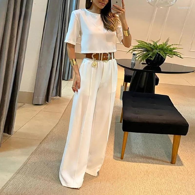 

Women' Two Piece Pants 2023 Casual Spring Autumn Women Sets Solid Color Short Sleeves Blouses Tops Wide-leg Suits Elegant Office Lady, Red-no belt