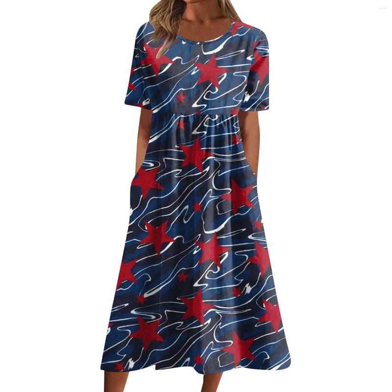 

Casual Dresses Women' Independence Day Printed Summer Pleated Round Neck Midi Short Sleeve, Black