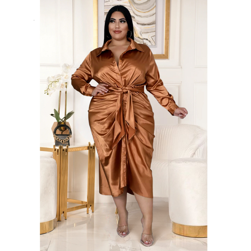 

Plus size Dresses Elegant Satin Size Women Shirt Dress Sexy Ruched Long Sleeve Lace Up Evening Party Midi Drerss Vestido Africano Feminino 230627, Black