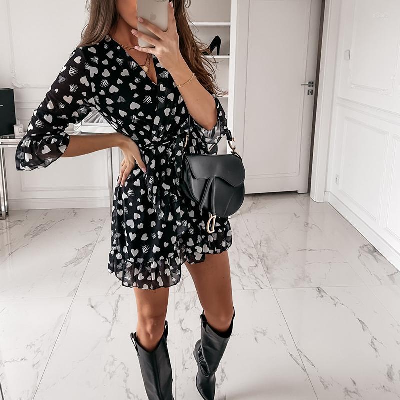 

Casual Dresses Women Three Quarter Sleeve Office A-Line Ruffles Party 2023 V-Neck Flare Heart Print Dress Spring Female, 02