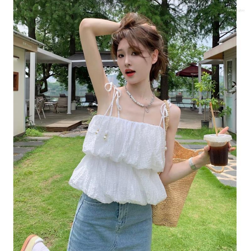 

Women's Tanks French Chic Sweet Camis For Women Spaghetti Strap Ruffles Solid Colours Pleated Femme Corset Crop Tank Tops Camisoles, White